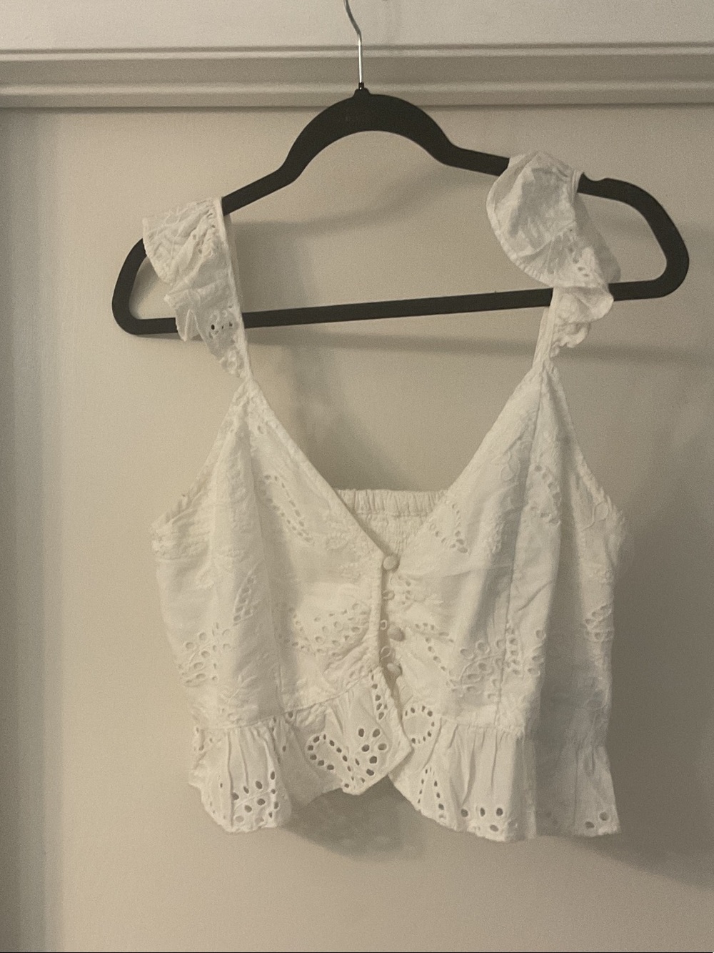 Guess White Eyelet Ruffle Tie-Strap Camisole Top